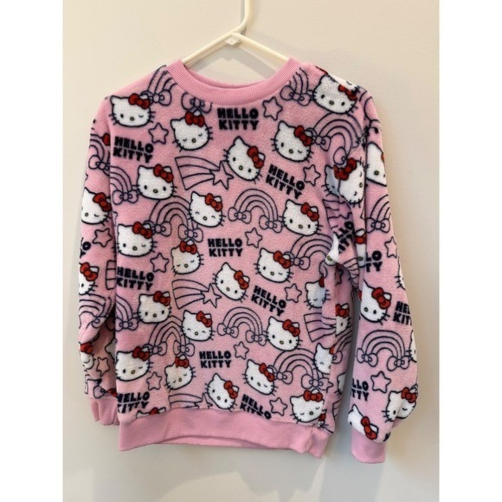 Hello Kitty Sanrio Pink Fleece Sweatshirt All Over Print Crewneck XS Kawaii Y2K